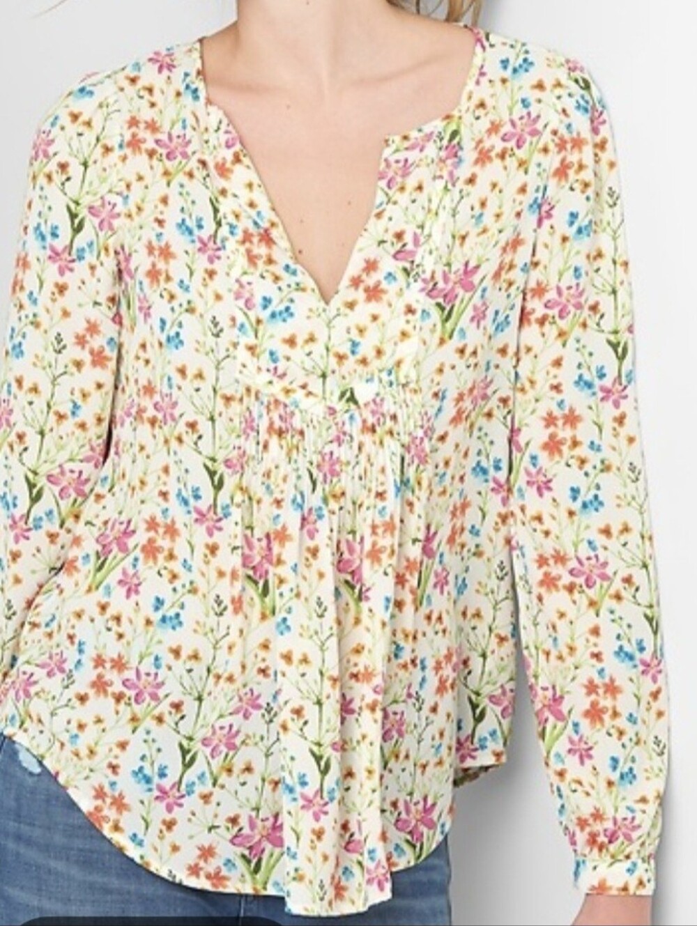 GAP Floral Pintuck Split-Neck Blouse